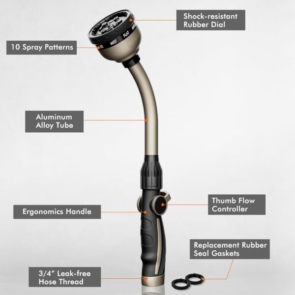 Heavy Duty Watering Wand – 10 Spray Patterns, 15" Metal Hose Nozzle Sprayer - Image 2